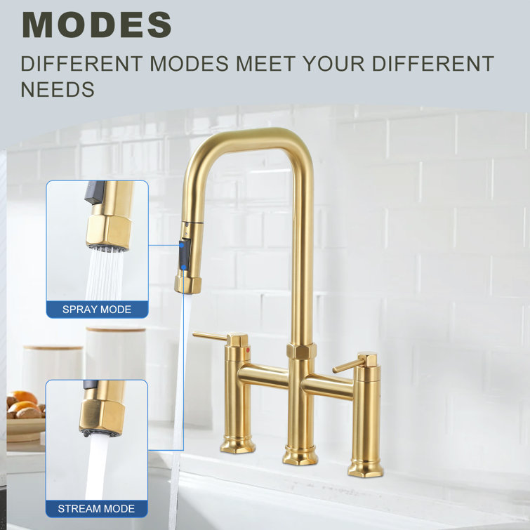 Brushed Gold Brass Double Handle Bridge Kitchen Faucet with Pull-out Spray