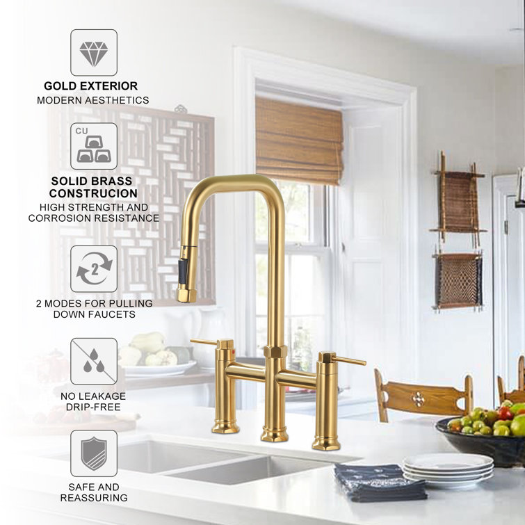 Brushed Gold Brass Double Handle Bridge Kitchen Faucet with Pull-out Spray
