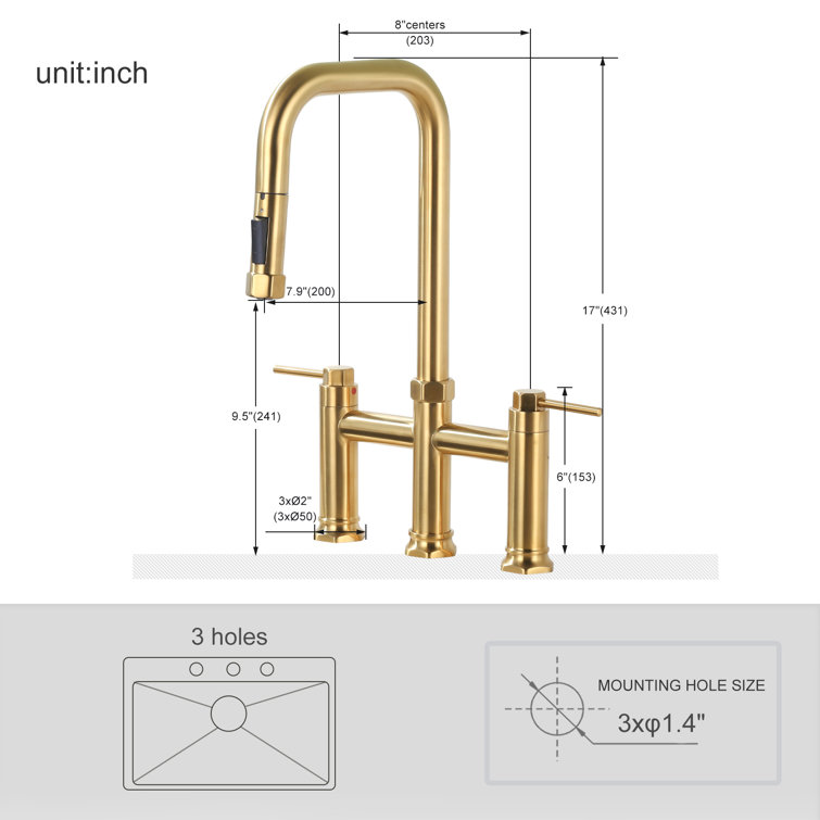 Brushed Gold Brass Double Handle Bridge Kitchen Faucet with Pull-out Spray