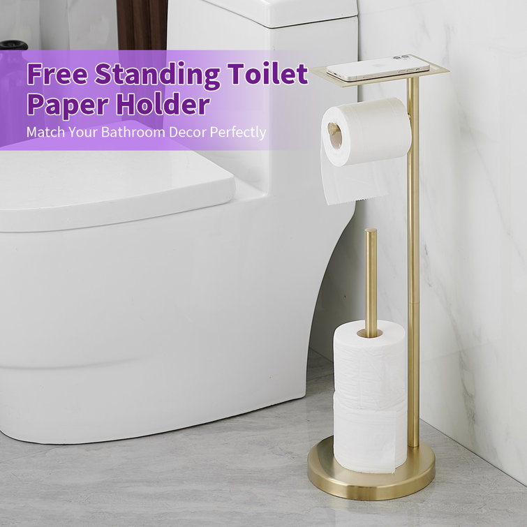 Brushed Gold Freestanding Toilet Paper Holder with Storage Shelf