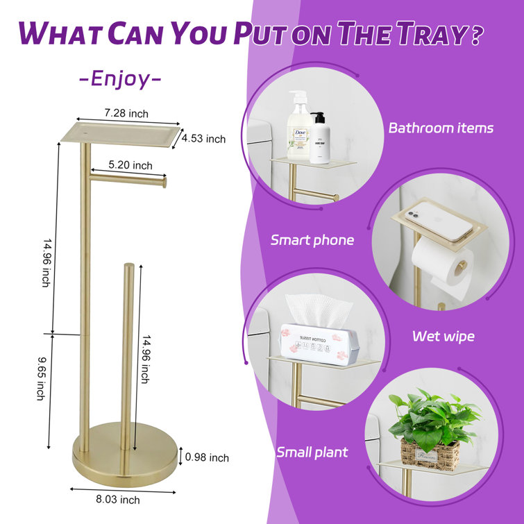 Brushed Gold Freestanding Toilet Paper Holder with Storage Shelf