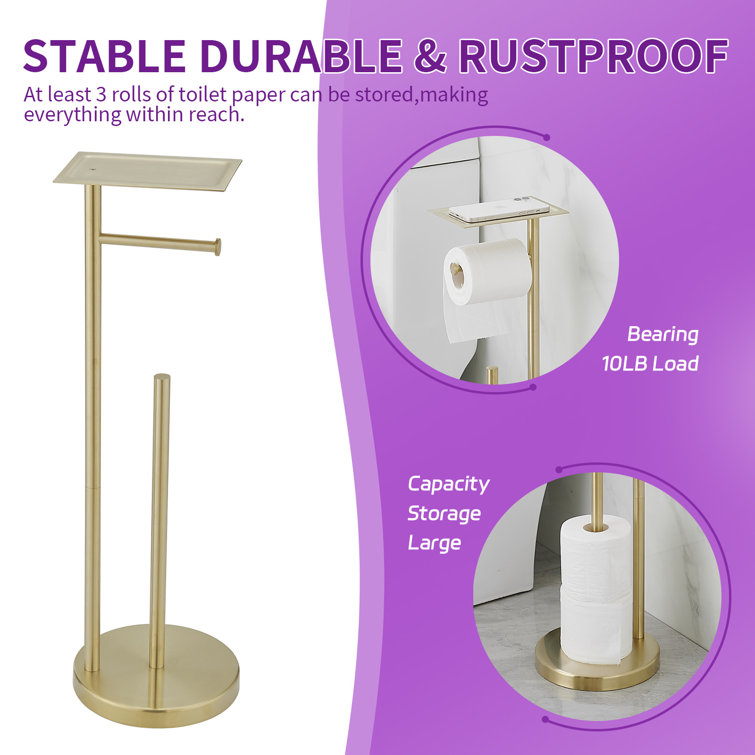 Brushed Gold Freestanding Toilet Paper Holder with Storage Shelf