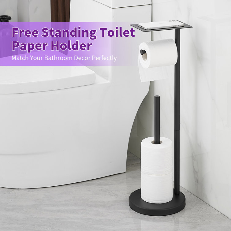 Matte Black Freestanding Stainless Steel Toilet Paper Holder with Storage Shelf