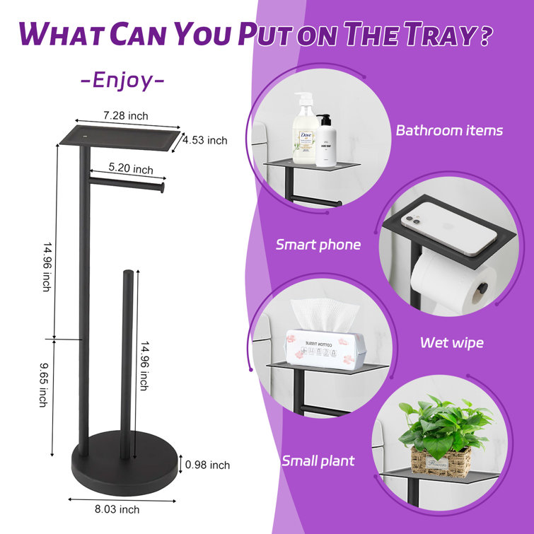 Matte Black Freestanding Stainless Steel Toilet Paper Holder with Storage Shelf