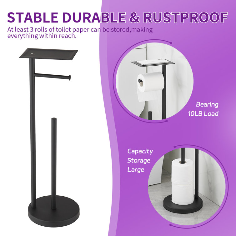 Matte Black Freestanding Stainless Steel Toilet Paper Holder with Storage Shelf