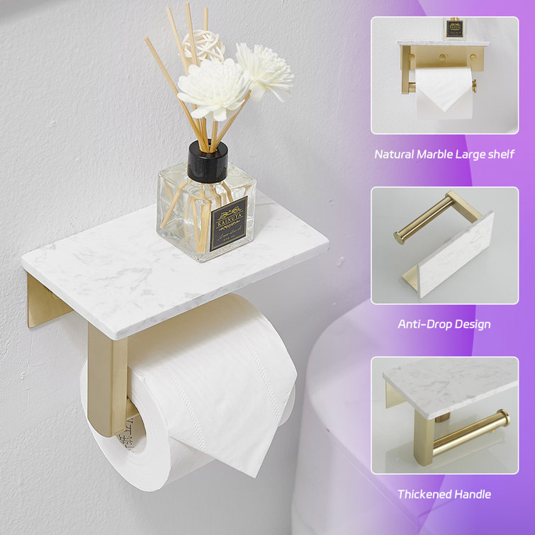 Brushed Gold Wall Mounted Toilet Paper Holder with Marble Shelf