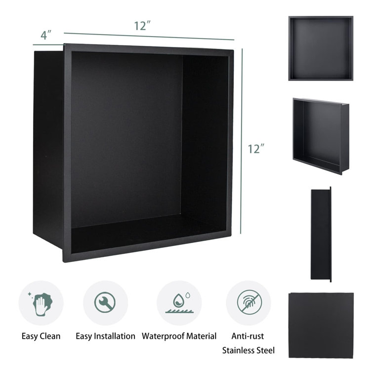12" x 12" Carbon Black Stainless Steel Recessed Shower Niche