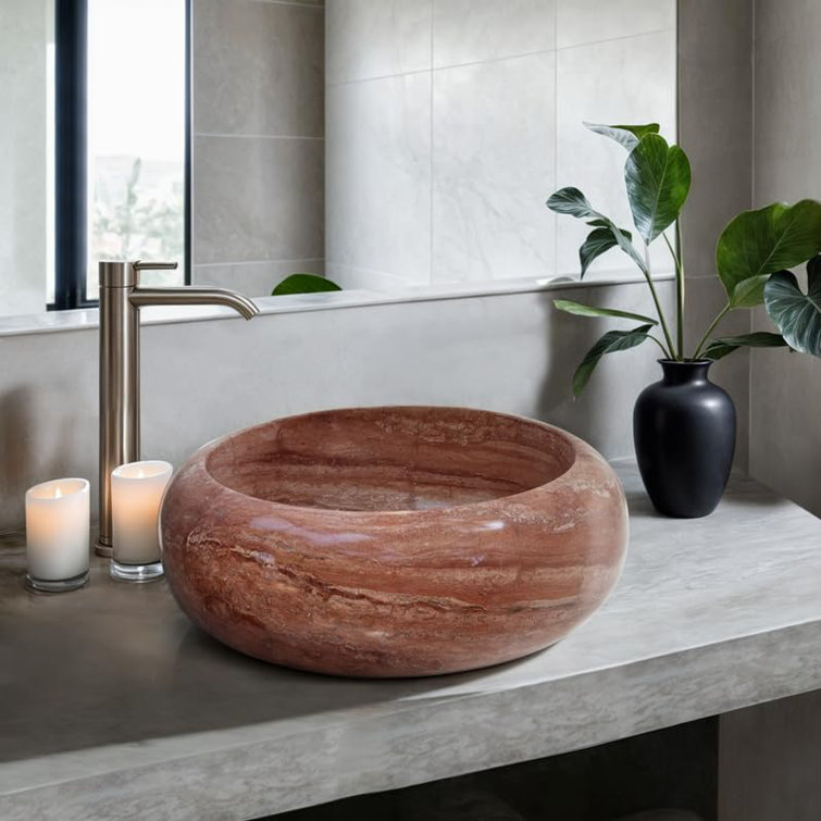 Hand-Polished Red Travertine Round Vessel Sink