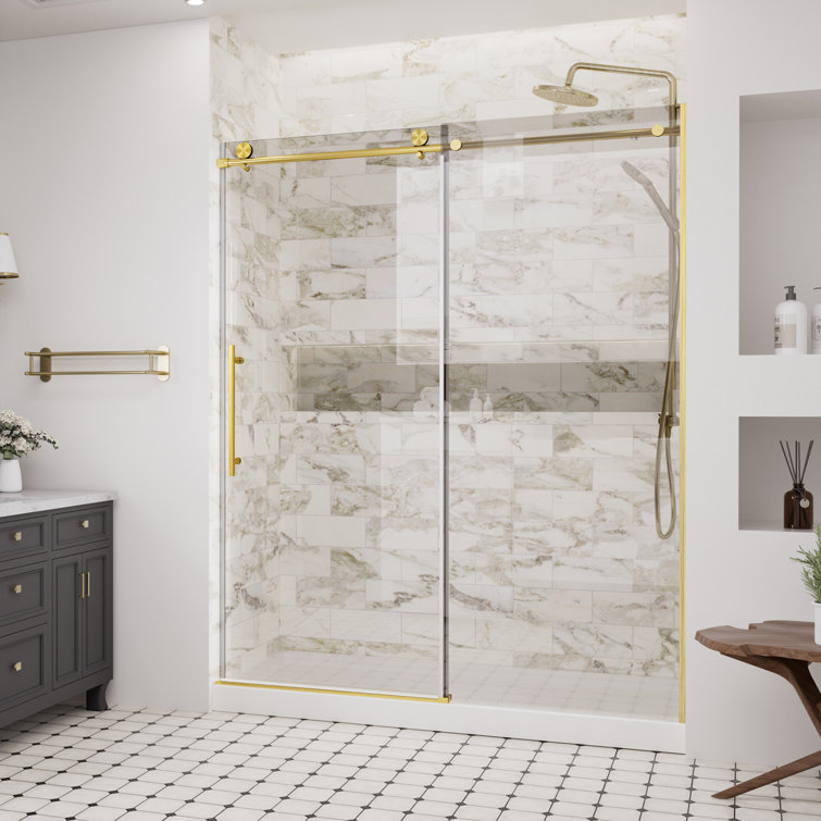 Brushed Gold Frameless Sliding Shower Door with Clear Tempered Glass