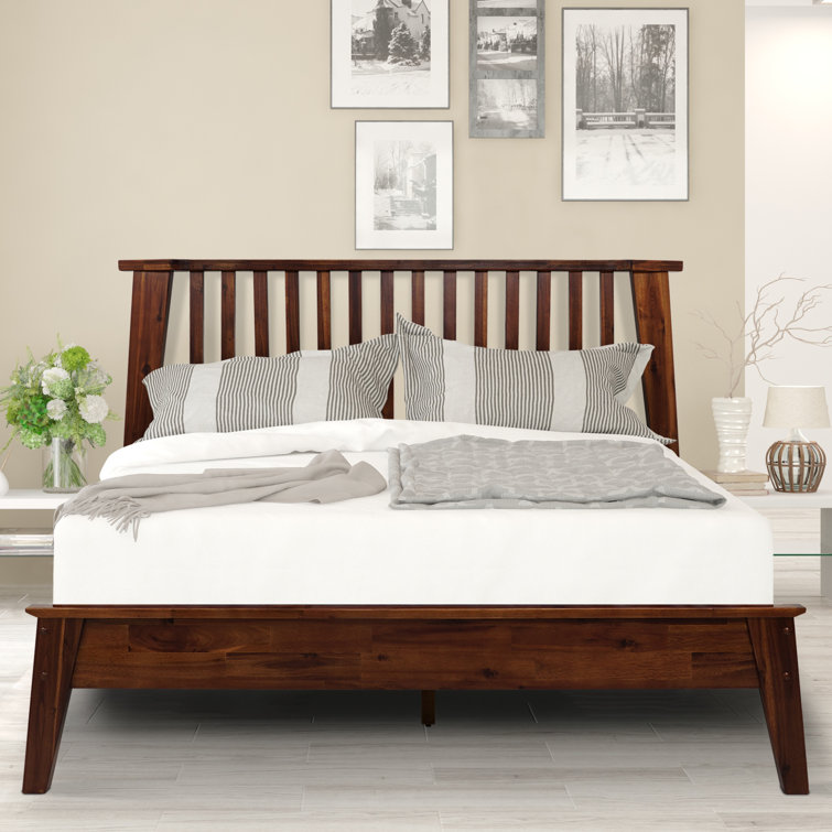 Queen Chocolate Acacia Wood Platform Bed Frame with Slatted Headboard