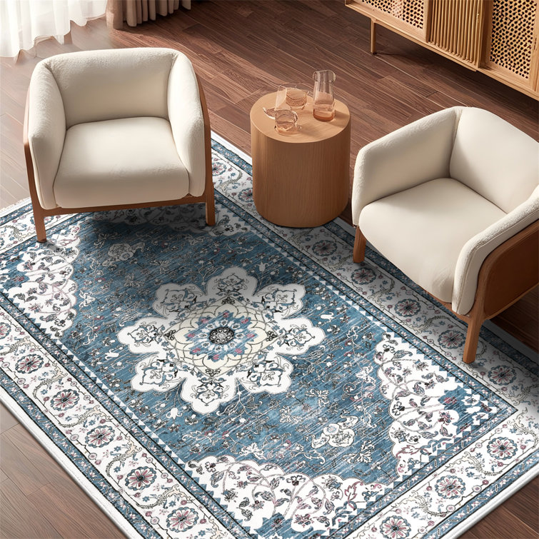 Blue and White Washable Oriental Tufted Area Rug 3' x 5'