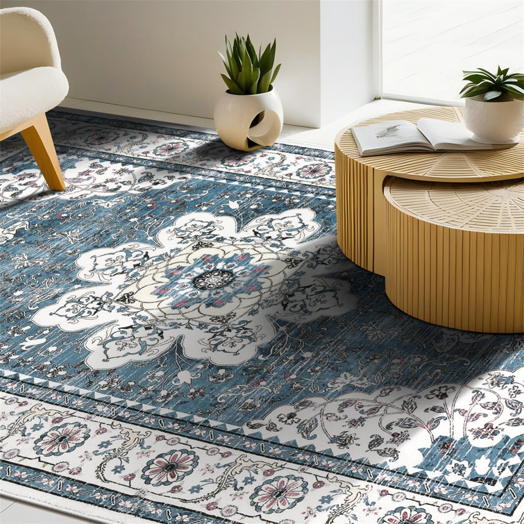 Blue and White Washable Oriental Tufted Area Rug 3' x 5'