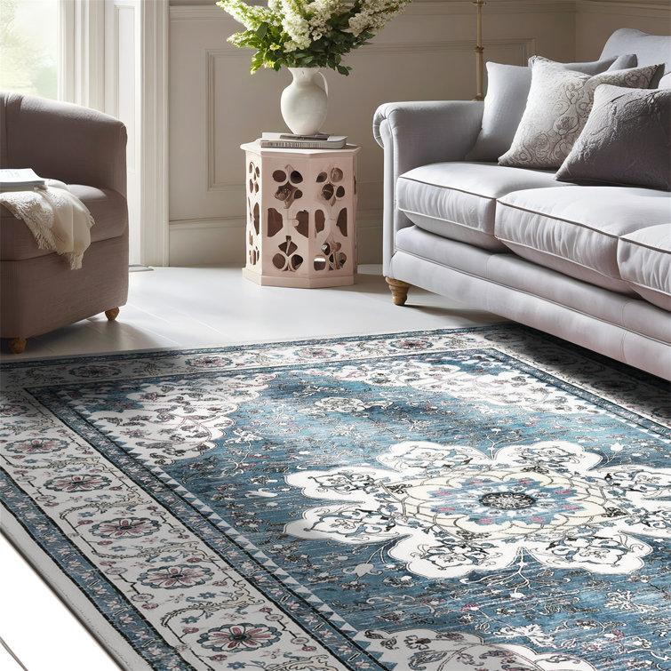 Blue and White Washable Oriental Tufted Area Rug 3' x 5'