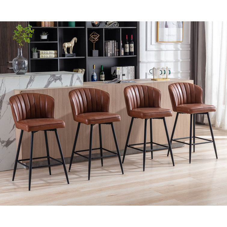 Azarria Brown Faux Leather Counter Stools with Iron Legs, Set of 2