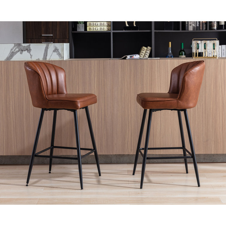 Azarria Brown Faux Leather Counter Stools with Iron Legs, Set of 2
