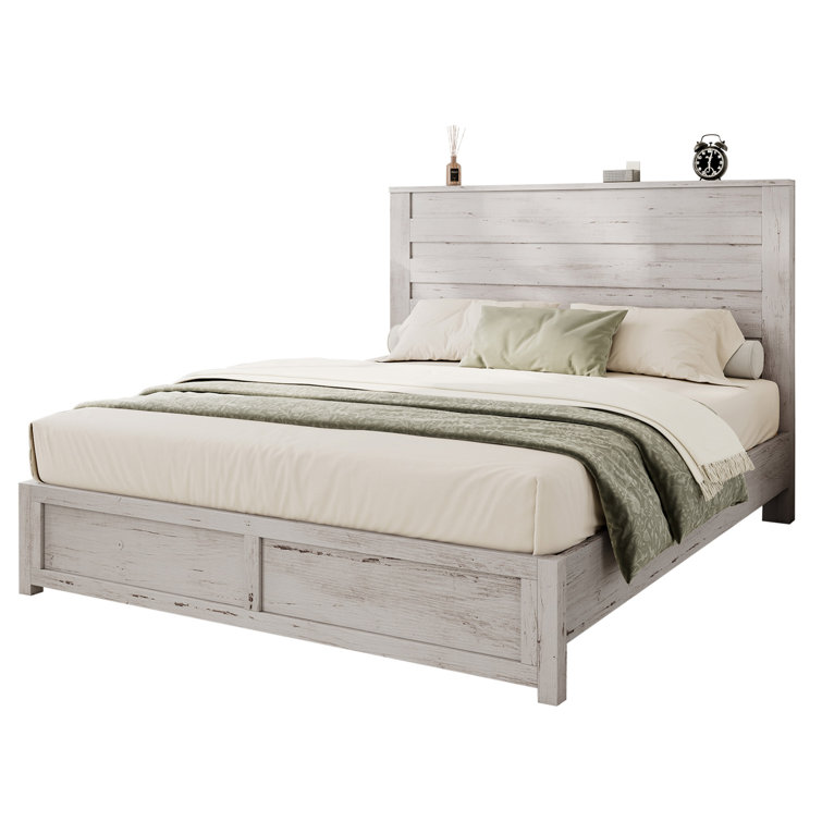 Distressed White Full Size Wood Platform Bed with Headboard