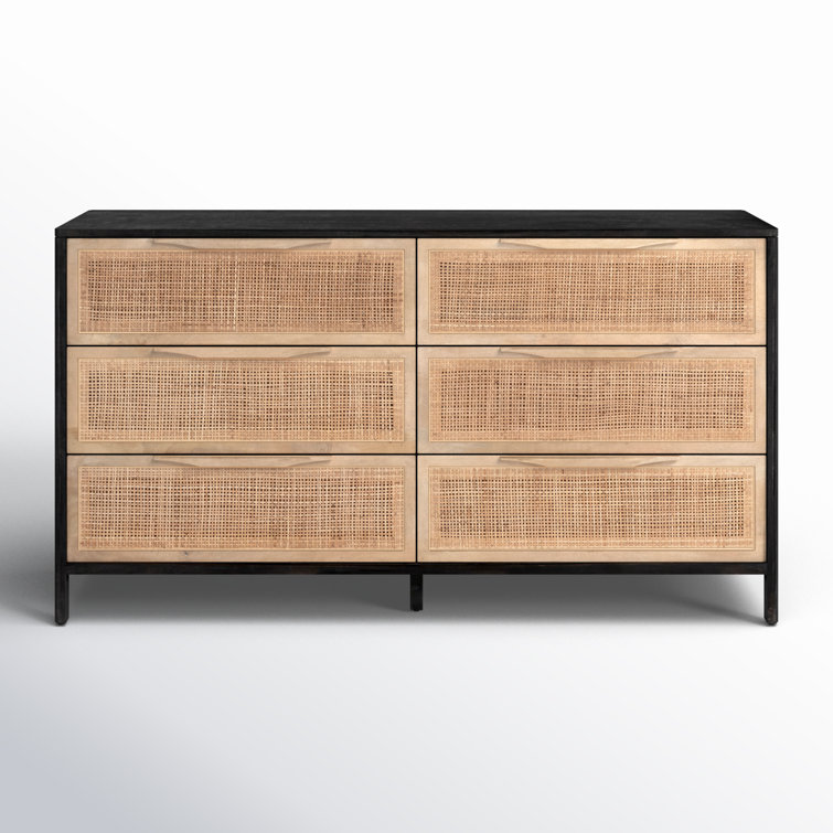 Black Wash Double Mid-Century 6-Drawer Dresser with Cane Detail
