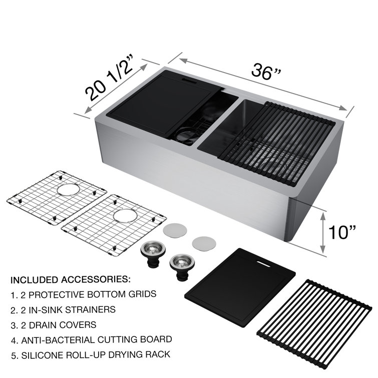 Oxford 36" Stainless Steel Double Bowl Farmhouse Sink with Matte Black Faucet