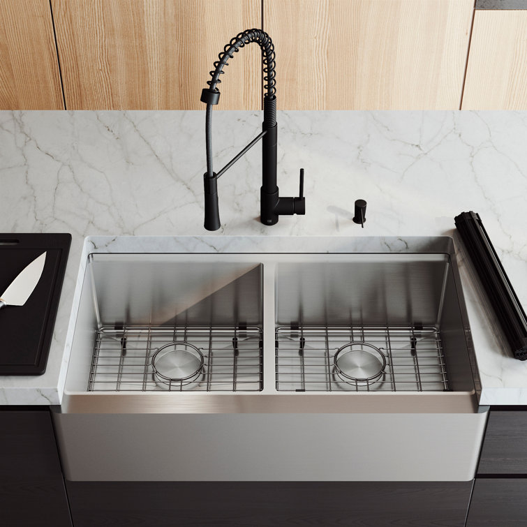 Oxford 36" Stainless Steel Double Bowl Farmhouse Sink with Matte Black Faucet