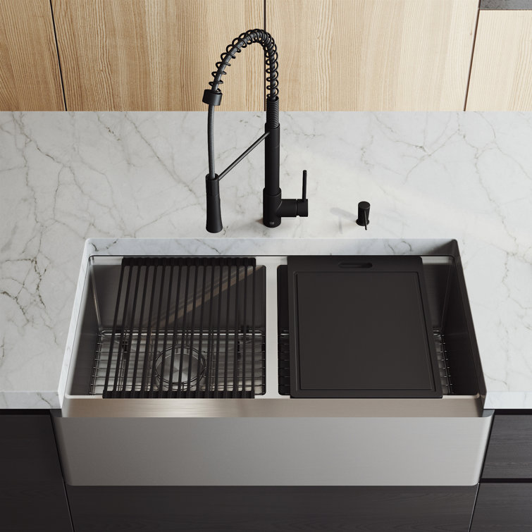 Oxford 36" Stainless Steel Double Bowl Farmhouse Sink with Matte Black Faucet