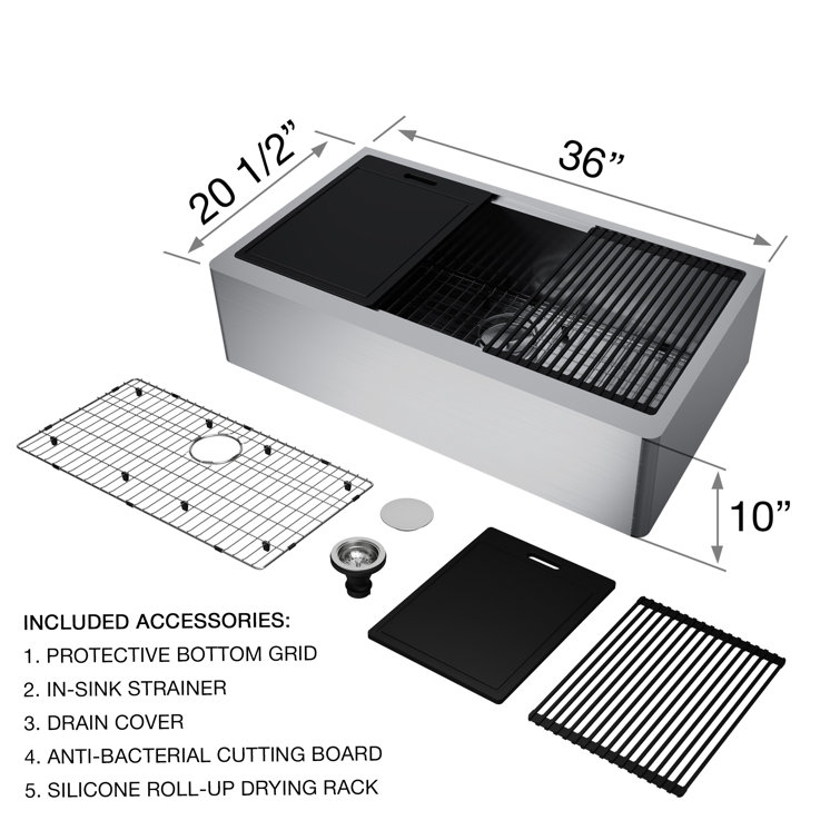 Oxford 36" Stainless Steel Farmhouse Kitchen Sink with Workstation