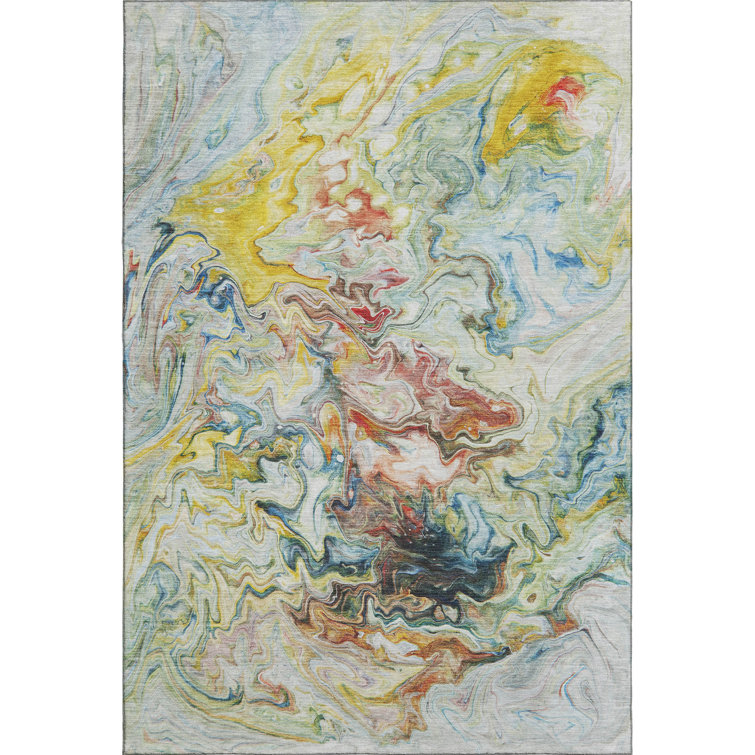 Ivory Abstract Washable Synthetic 5' x 7' Rug