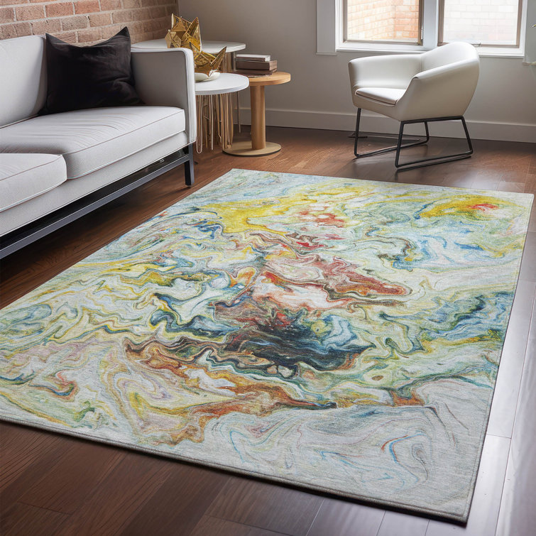 Ivory Abstract Washable Synthetic 5' x 7' Rug