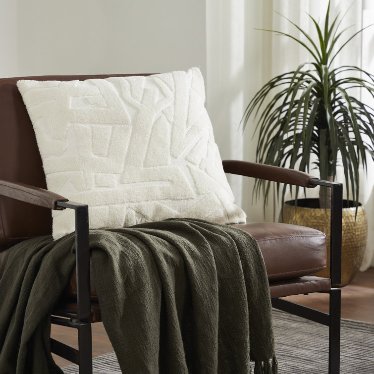 Ivory Embroidered Cotton Square Pillow with Feather Insert