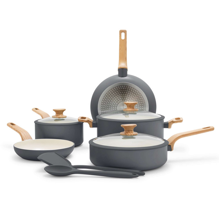 Gray Aluminum Nonstick 10-Piece Cookware Set with Wood Print Handles