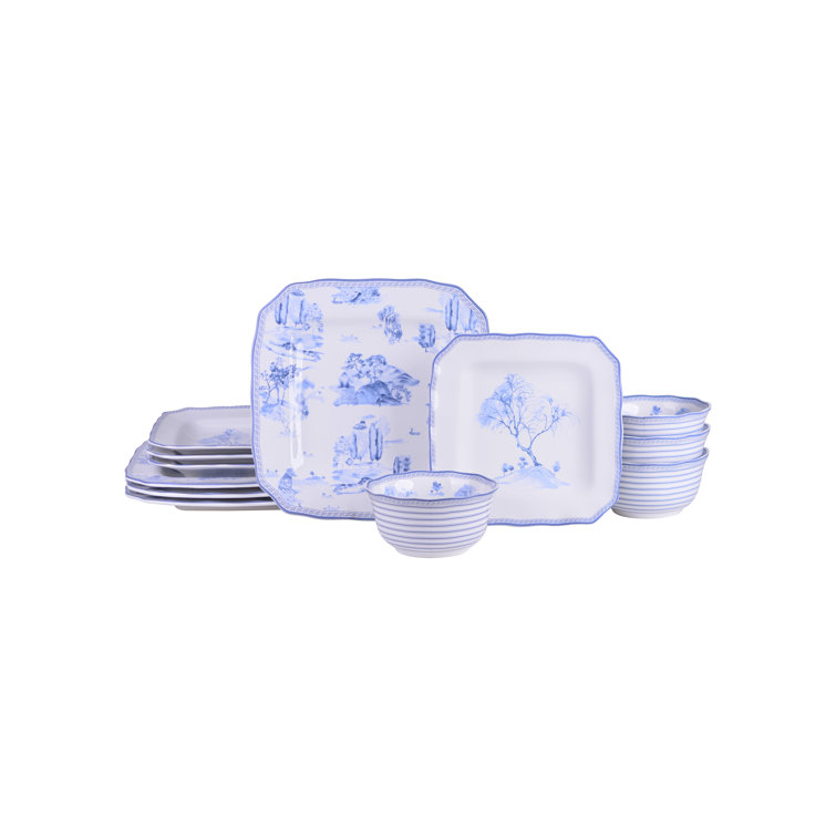 Scenic Toile Blue and White Porcelain 12-Piece Dinnerware Set