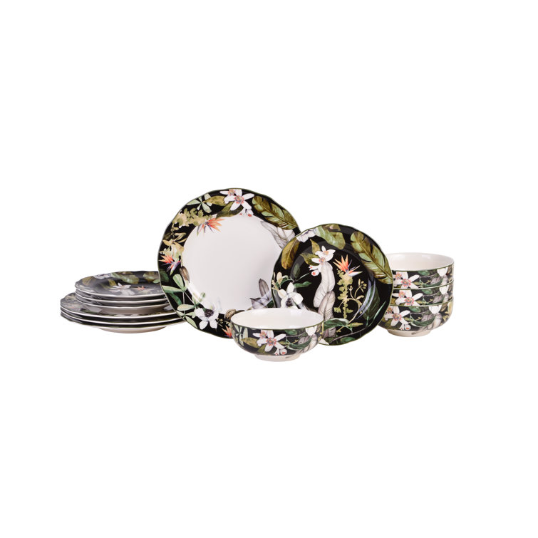 Borneo Black Floral Porcelain 12-Piece Dinnerware Set