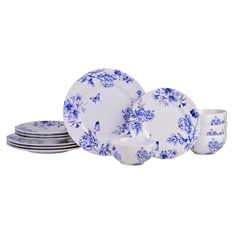 Cassian Blue Floral Embossed Porcelain 12-Piece Dinnerware Set