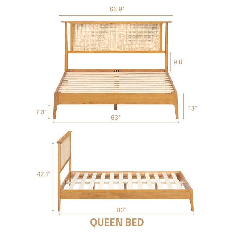 Ruby Queen Rustic Oak Wooden Bed Frame with Natural Rattan Headboard