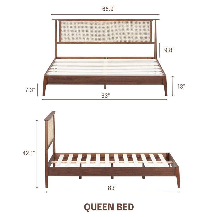 Queen Dark Walnut Wood Bed Frame with Rattan Headboard