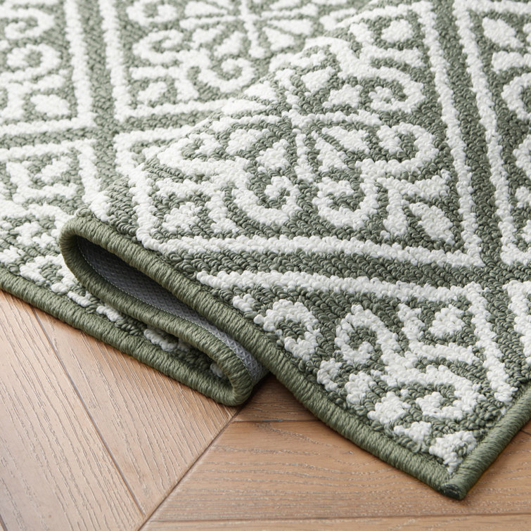 Ivory and Sage Tufted Washable Runner Rug, 26" x 96"