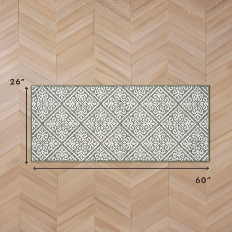 Ivory and Sage Geometric Tufted Runner Rug, 60" x 25"