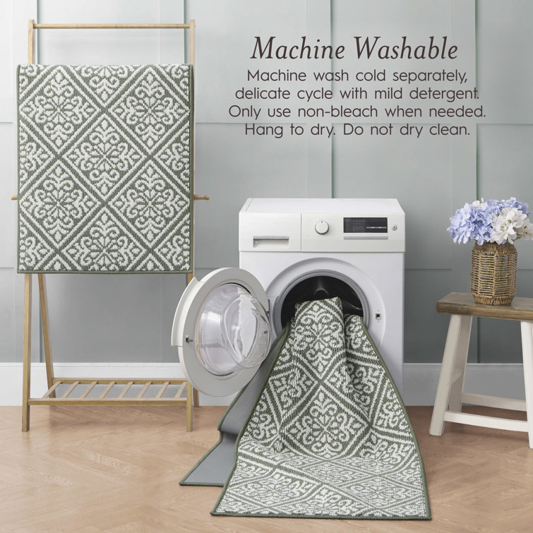 Ivory and Sage Tufted Washable Runner Rug, 26" x 96"