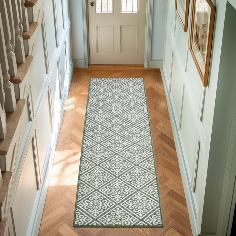 Ivory and Sage Tufted Washable Runner Rug, 26" x 96"