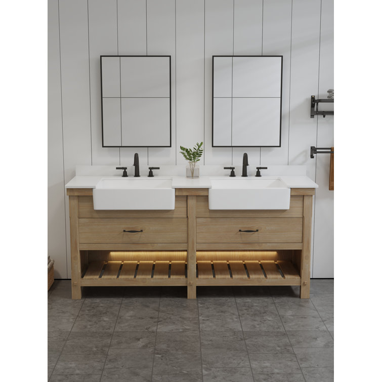 Farmhouse Light Brown Engineered Wood Double Bathroom Vanity with Marble Sink