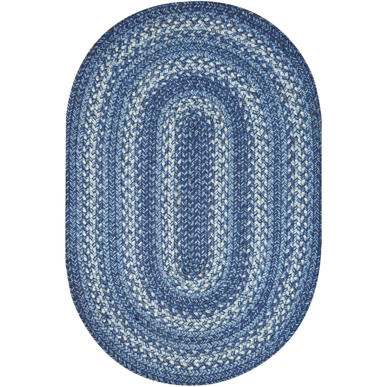 Handmade Denim and White Jute 6' x 9' Oval Braided Rug