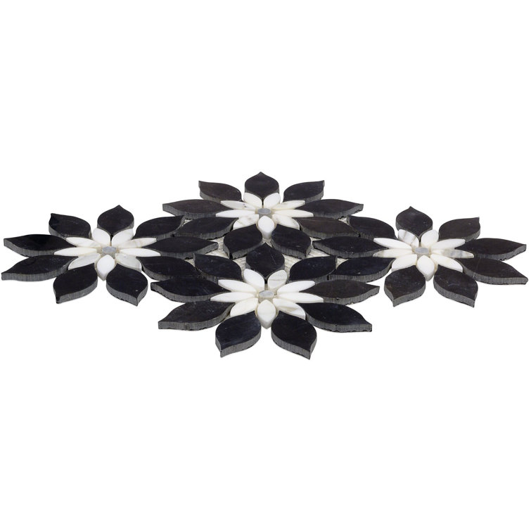 Thistle Black and White Polished Marble Mosaic Tile Sheet