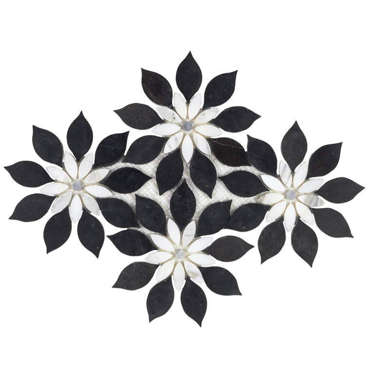 Thistle Black and White Polished Marble Mosaic Tile Sheet