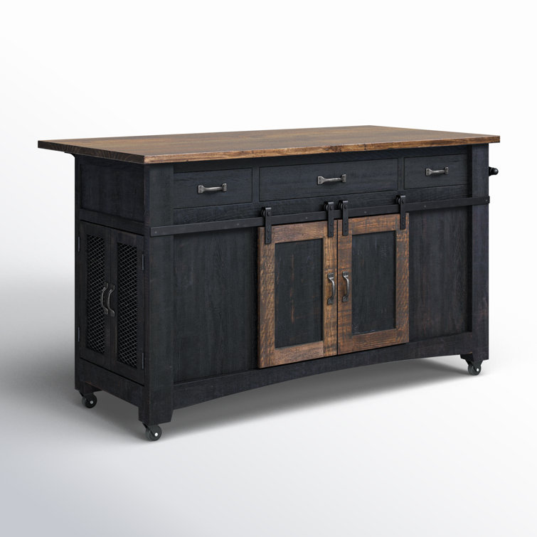 Dosha Black and Brown Solid Wood Rustic Kitchen Island