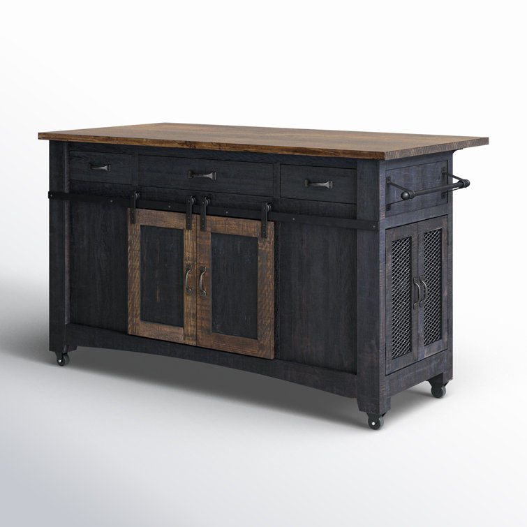Dosha Black and Brown Solid Wood Rustic Kitchen Island