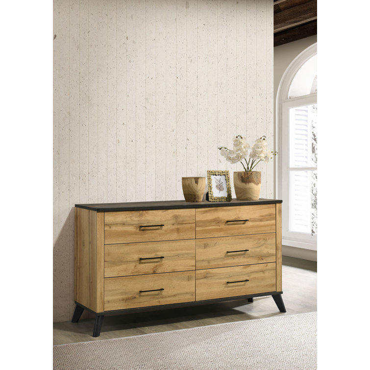 Mid-century Modern Natural Pine and Brown 6-Drawer Dresser