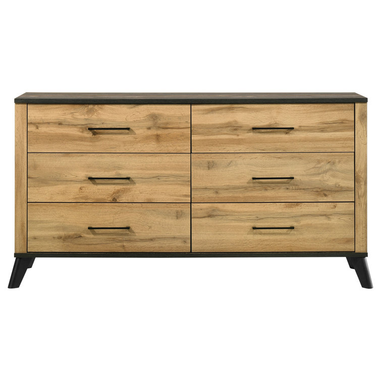 Mid-century Modern Natural Pine and Brown 6-Drawer Dresser