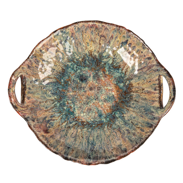 Multicolor Ceramic Serving Bowl with Handles and Reactive Glaze