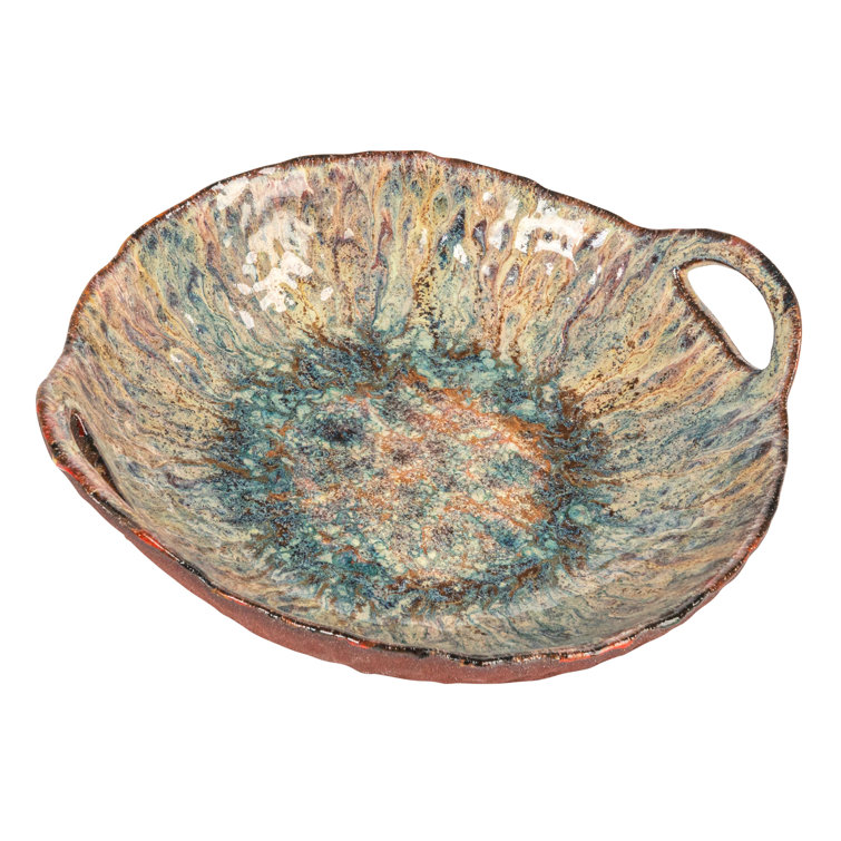 Multicolor Ceramic Serving Bowl with Handles and Reactive Glaze