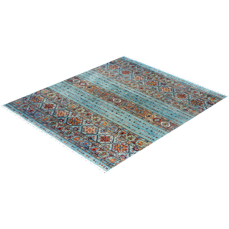 Hand-knotted Light Blue Wool Geometric Area Rug, 8'1" x 9'5"