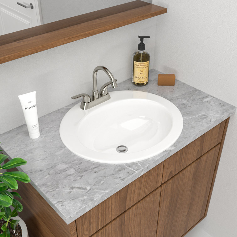 Glossy White Ceramic Oval Drop-in Bathroom Sink with 3 Faucet Holes
